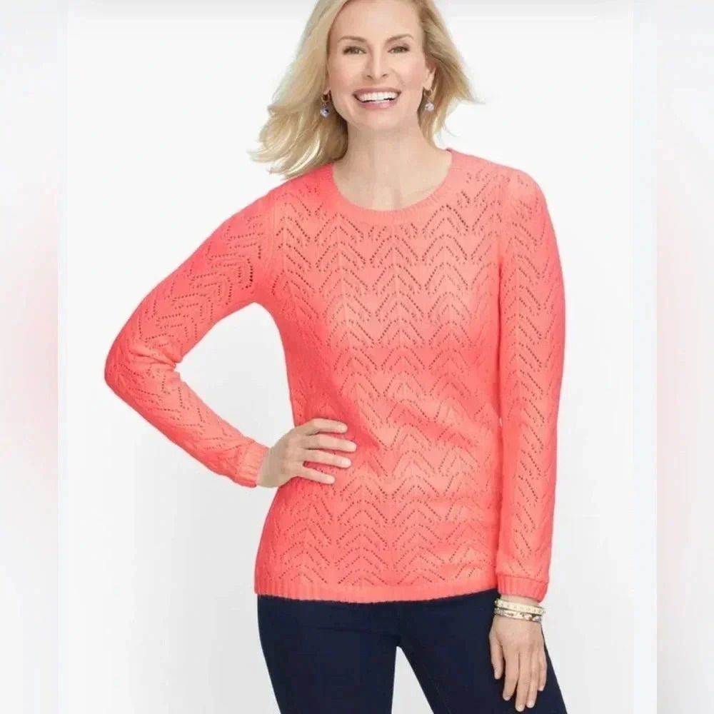 Talbots Linen‎ Blend Pointelle Crewneck Loose Knit Sweater Coral Women’s XS NWT